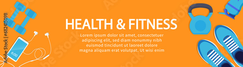 Sports and fitness products banner design. Flat lay composition with dumbbells, Sneakers, shaker, and Kettlebell. Advertisement concept for sports store. Vector illustration.