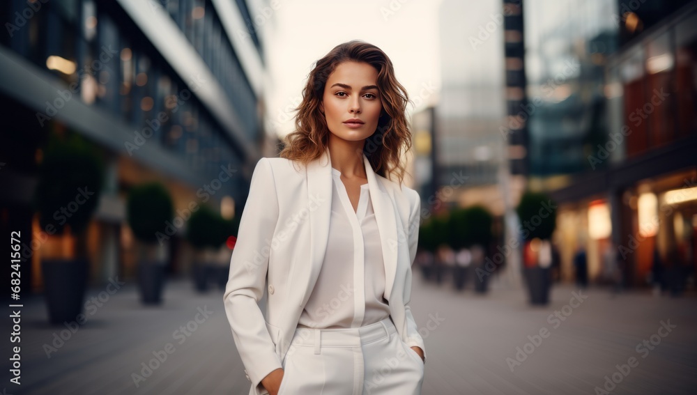 A Stylish Businesswoman in a White Suit Striding Confidently on a Vibrant City Street A Stylish Businesswoman in a White Suit Striding Confidently on a Vibrant City Street