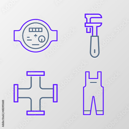 Set line Work overalls, Industry metallic pipe, Pipe adjustable wrench and Water meter icon. Vector