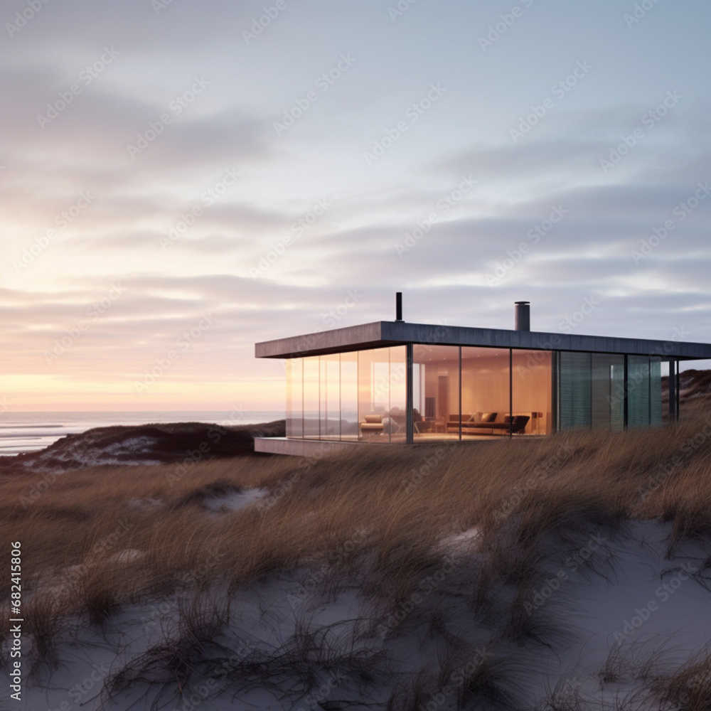minimalistic glass house in the sand dunes on the Danish coast at dawn minimalistic glass house in the sand dunes on the Danish coast at dawn