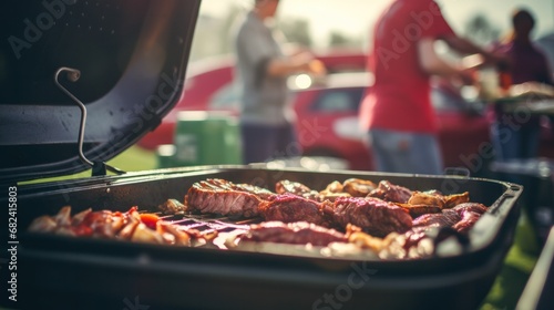Excited Sports Fans Enjoying a Classic American Football BBQ in Stadium Parking Lot
