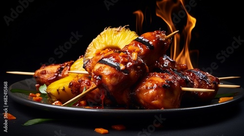 an image of a barbecue chicken and pineapple skewer with a tropical glaze