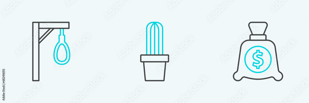 Set line Money bag, Gallows and Cactus peyote in pot icon. Vector Set line Money bag, Gallows and Cactus peyote in pot icon. Vector
