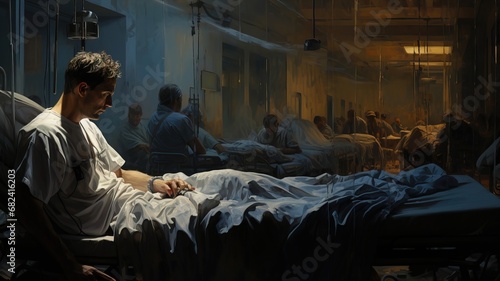 AI-generated field hospital in a long dark room, war wounded and pandemic sick on stretchers