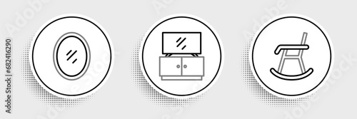 Set line Armchair, Mirror and TV table stand icon. Vector