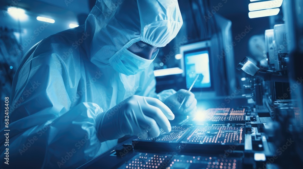 Scientist in coveralls conducting a Research working on a processor chip and development of microelectronics and processors in a laboratory. Scientist in coveralls conducting a Research working on a processor chip and development of microelectronics and processors in a laboratory.
