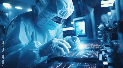 Scientist in coveralls conducting a Research working on a processor chip and development of microelectronics and processors in a laboratory. photo