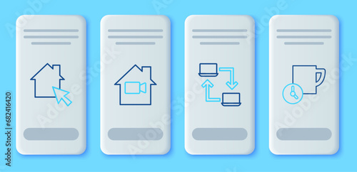 Set line Video camera Off in home, Online working, and Time management icon. Vector