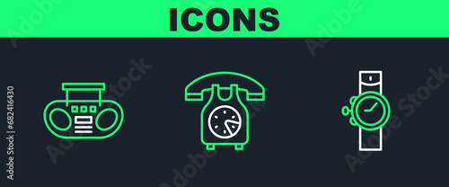 Set line Wrist watch, Home stereo with two speakers and Telephone handset icon. Vector