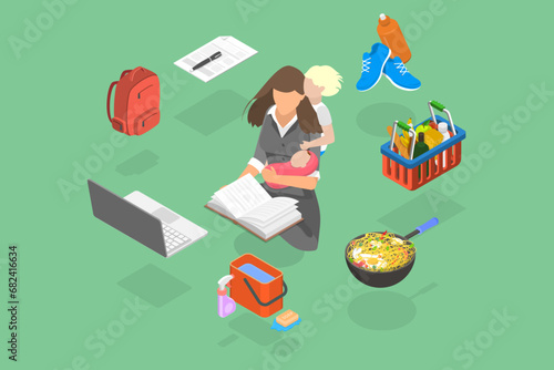 3D Isometric Flat Vector Illustration of Super Mom, Mother with Baby, Working, Coocking, Cleaning and Make a Shopping
