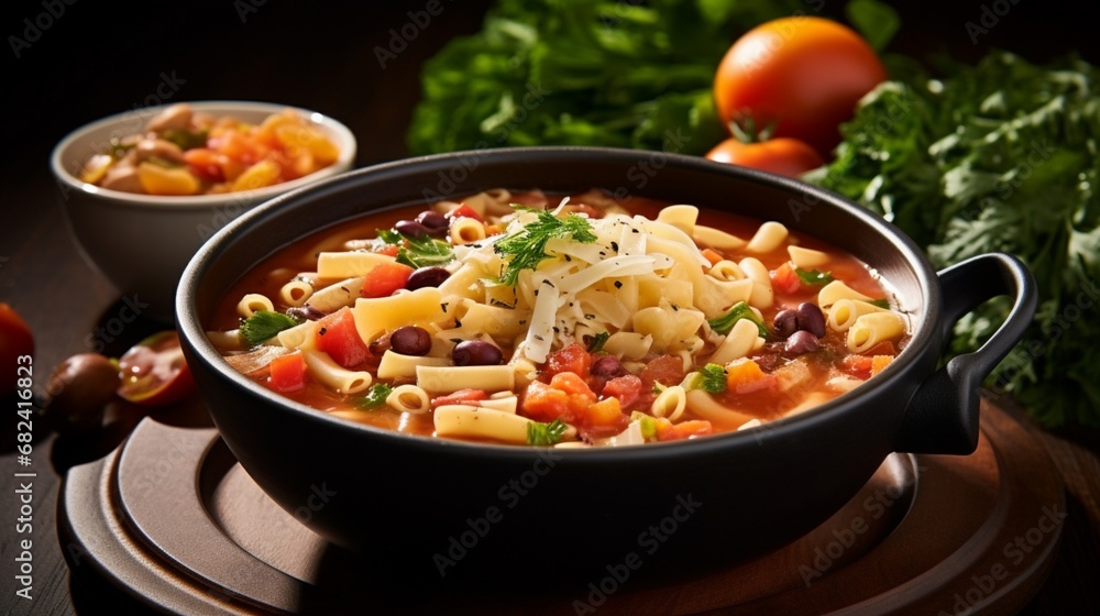 an image of a bowl of Italian minestrone soup with colorful vegetables and pasta