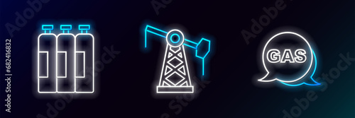 Set line Location and gas station, Industrial cylinder tank and Oil pump or pump jack icon. Glowing neon. Vector