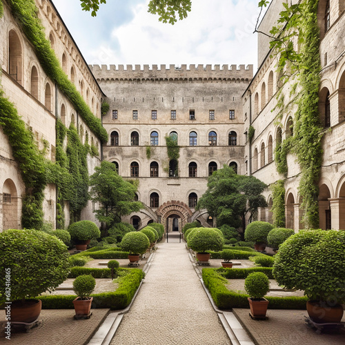 Massive open castle courtyard with trees and plant photo