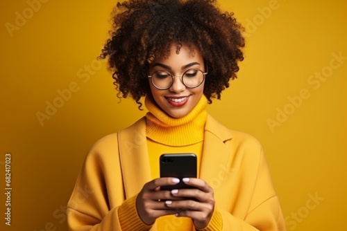 Young brown woman with glasses and long curly hair in bright yellow clothes smiles while holding phone on the yellow background