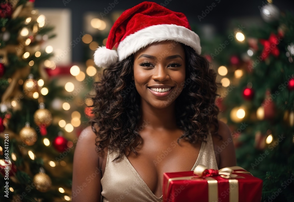 Beautiful black women wearing christmas santa hat, tree and gift christmas decoration on the background