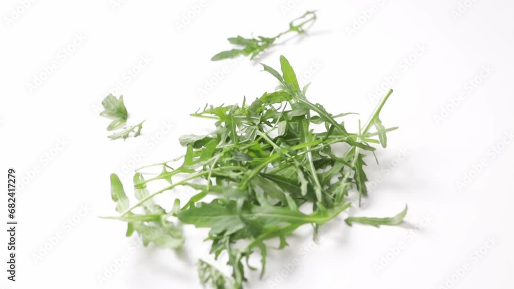 arugula rocket leaves falling on white surface cooking food arugula rocket leaves falling on white surface cooking food