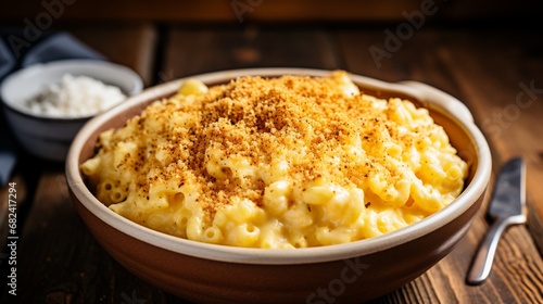 an image of a bowl of creamy macaroni and cheese with a breadcrumb topping