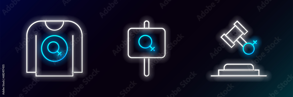 Set line Female rights, Feminist shirt and activist icon. Glowing neon. Vector Set line Female rights, Feminist shirt and activist icon. Glowing neon. Vector