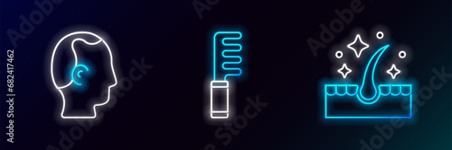 Set line Oil for hair care treatment, Baldness and Hairbrush icon. Glowing neon. Vector