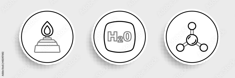 Set line Molecule, Alcohol or spirit burner and Chemical formula H2O icon. Vector Set line Molecule, Alcohol or spirit burner and Chemical formula H2O icon. Vector