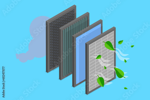 3D Isometric Flat Vector Illustration of Air Filtering, Purification and Filtration Process