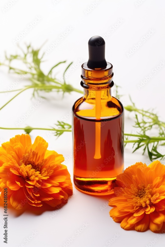 A bottle of essential oil next to marigold flowers. Dark glass bottle on white background. Glass bottle on white background. A bottle of essential oil next to marigold flowers. Dark glass bottle on white background. Glass bottle on white background.