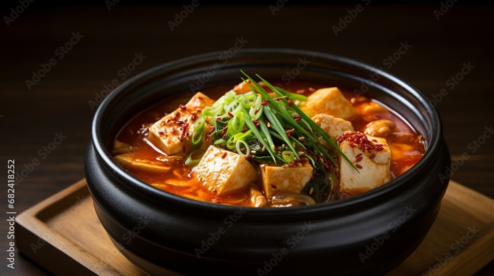 an image of a bowl of spicy kimchi soup with tofu and fermented kimchi