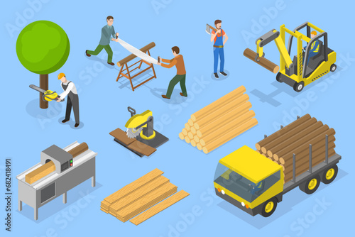 3D Isometric Flat Vector Illustration of Timber Industry, Logging and Woodworking Process