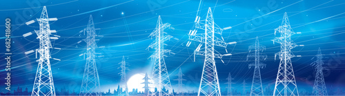 High voltage transmission system. Electricity. Neon glow. City energy infrastructure. Night landscape. Power lines. Network interconnected electrical. White otlines on blue background. Vector design