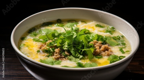 an image of a bowl of Vietnamese egg drop soup with minced pork and herbs