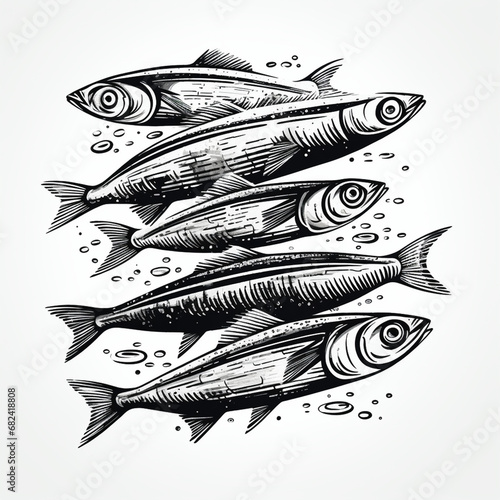 Sardine line art illustration, black and white created with Generative Ai