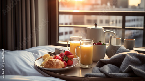 Focus on fruit. In a hotel room with fruit, place a tray on the bed to welcome the arrival of VIP guests. photo