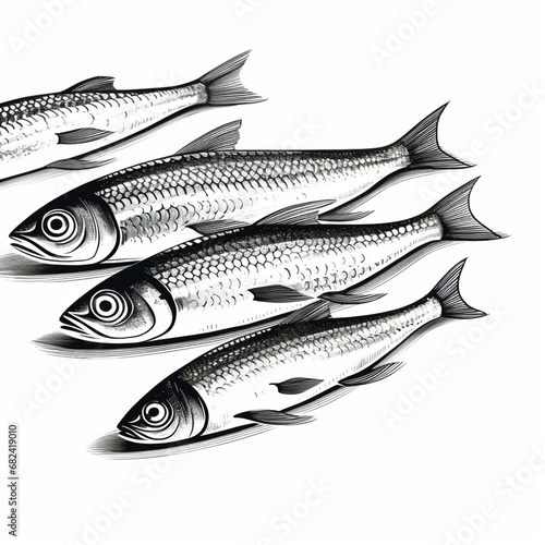 Sardine line art illustration, black and white created with Generative Ai