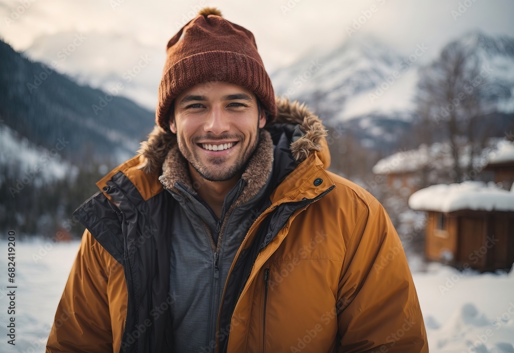 handsome white men wearing winter jacket and hat, snow tree and mountain on the background handsome white men wearing winter jacket and hat, snow tree and mountain on the background
