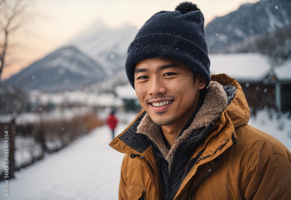 handsome asian men wearing winter jacket and hat, snow tree and mountain on the background handsome asian men wearing winter jacket and hat, snow tree and mountain on the background