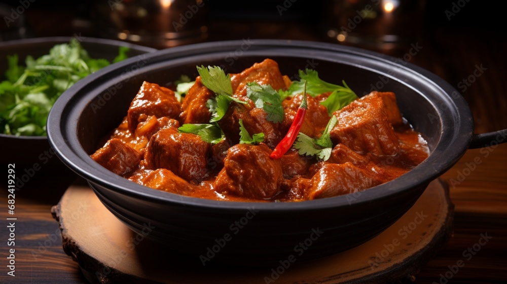 an image of a bowl of spicy vindaloo curry with marinated pork