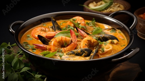 an image of a bowl of spicy seafood curry with shrimp and mussels