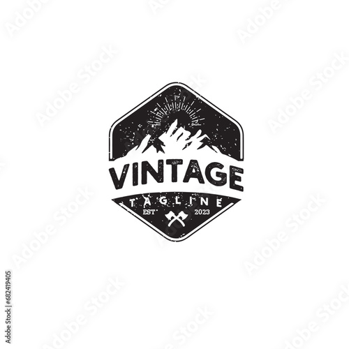 vintage mountain badge logo design vector template illustration