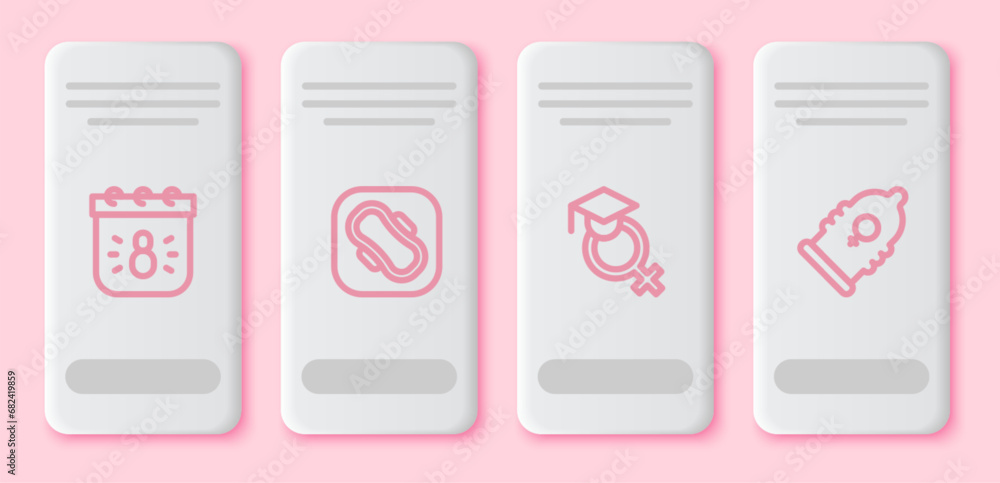 Set line Calendar with 8 March, Sanitary napkin, Teacher and Condom. White rectangle button. Vector Set line Calendar with 8 March, Sanitary napkin, Teacher and Condom. White rectangle button. Vector