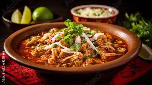 an image of a bowl of spicy chicken pozole with hominy and shredded chicken