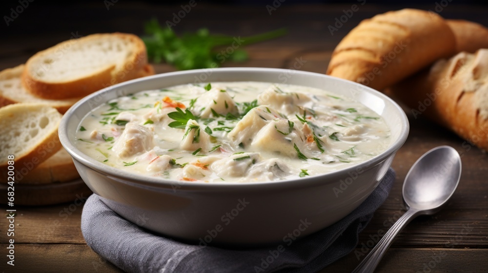 an image of a bowl of classic New England fish chowder with flaky white fish