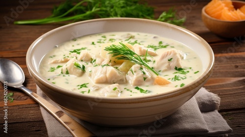 an image of a bowl of classic New England fish chowder with flaky white fish