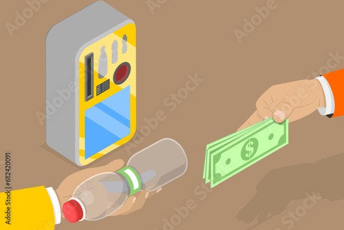 3D Isometric Flat Vector Illustration of Cans and Plastic Bottle Recycling , Reverse Vending Recycling Machine
