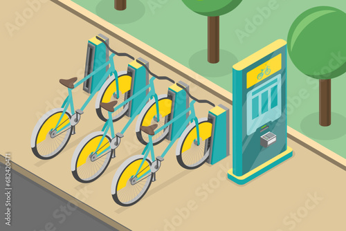 3D Isometric Flat Vector Illustration of Rental Bicycles, Bike Parking