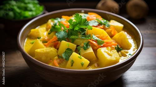 an image of a bowl of aromatic yellow curry with potatoes and carrots