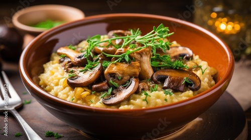 an image of a bowl of savory oatmeal with saut?(C)ed mushrooms and thyme