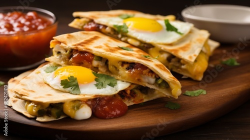 an image of a breakfast quesadilla with eggs, cheese, and salsa