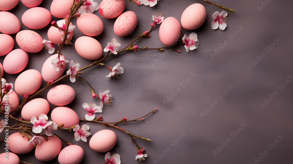 Colorful Easter eggs with spring blossom flowers over pink background. Colored Egg Holiday border.