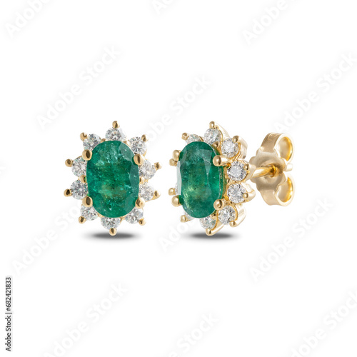 Green emerald earrings with diamonds on a white background.