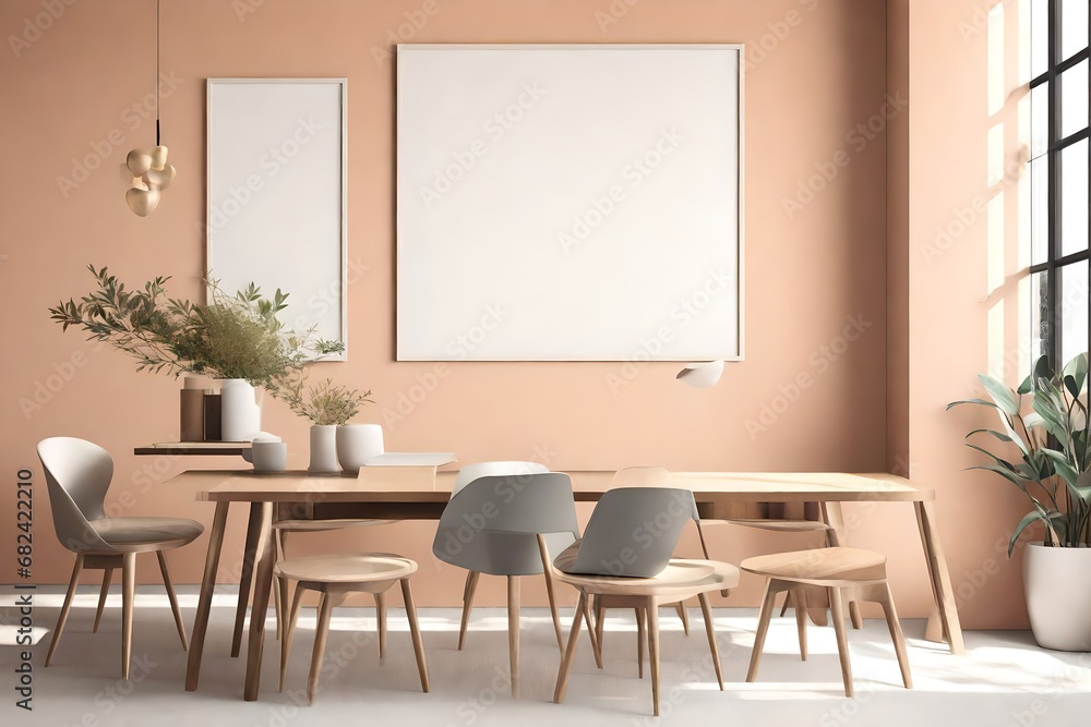 Mockup poster in the interior with a table in trendy colors Mockup poster in the interior with a table in trendy colors